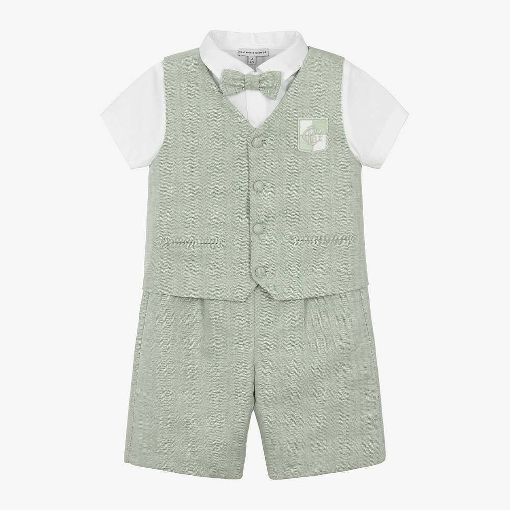 Beatrice & George - Boys Green Cotton & Linen Waistcoat Suit  | Childrensalon