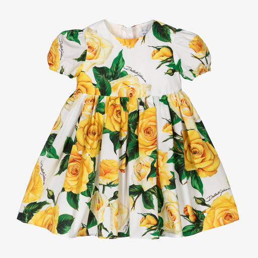 Dolce & Gabbana-Girls Yellow Rose Print Cotton Dress | Childrensalon