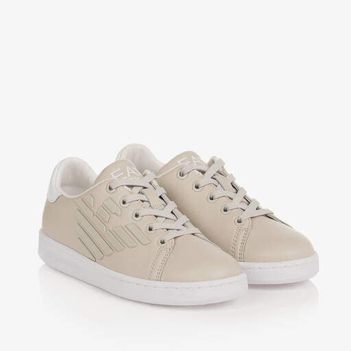 EA7 Emporio Armani-Beige Leather Lace-Up Trainers | Childrensalon