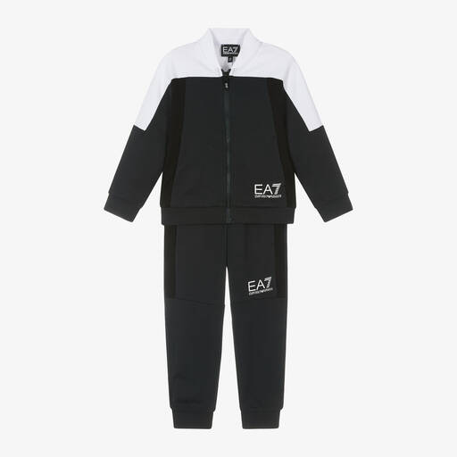 EA7 Emporio Armani-Boys Navy Blue & Black Cotton Tracksuit | Childrensalon