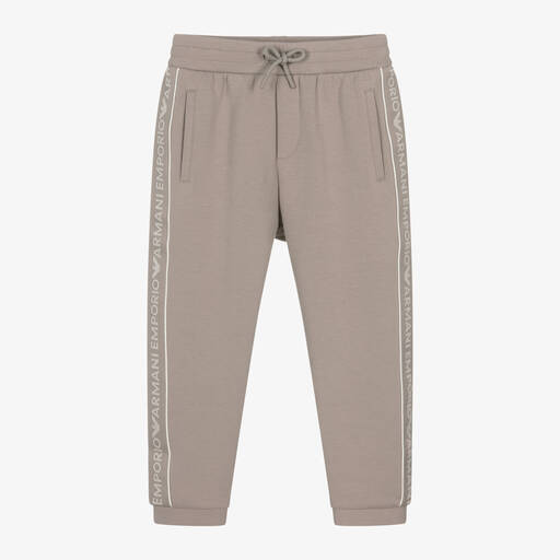 Emporio Armani-Boys Beige Cotton Logo Tape Joggers | Childrensalon