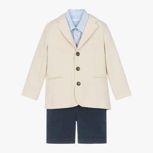 Foque-Boys Beige & Navy Blue Cotton Suit | Childrensalon