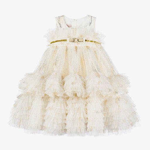 Junona-Girls Ivory Tulle Polka Dot Ruffle Dress | Childrensalon