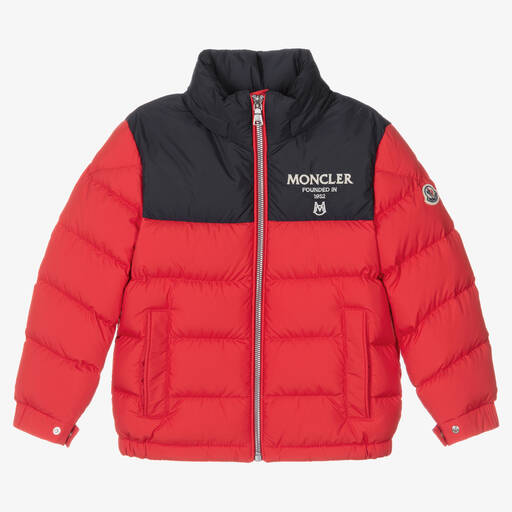 Moncler Enfant-جاكيت بافر هودي لون أحمر مبطن بريش للأولاد | Childrensalon