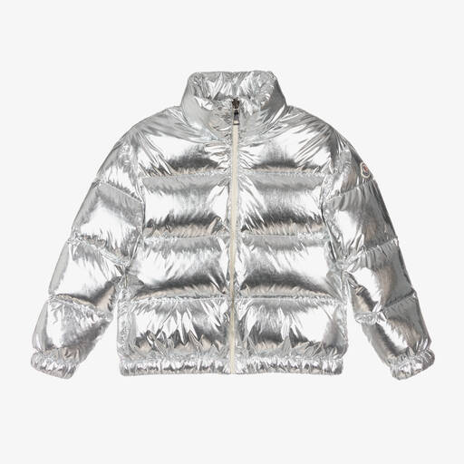 Moncler Enfant-جاكيت بافر لون فضّي متاليك مبطن بريش للبنات | Childrensalon