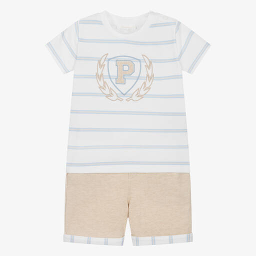 Patachou-Boys White & Beige Cotton Shorts Set | Childrensalon