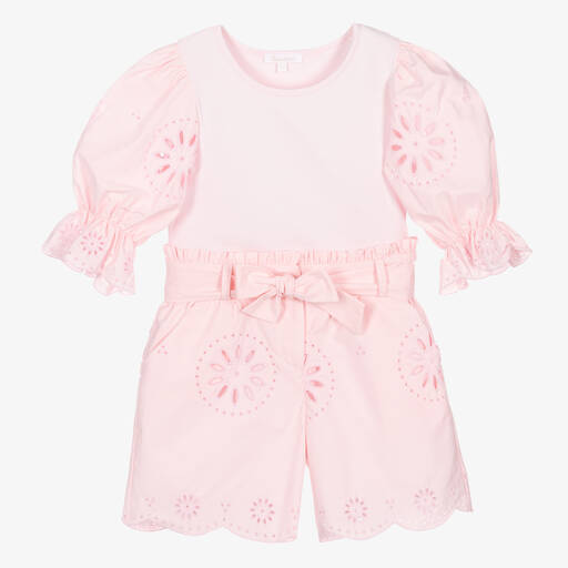 Patachou-Girls Pink Cotton Cut Work Shorts Set | Childrensalon